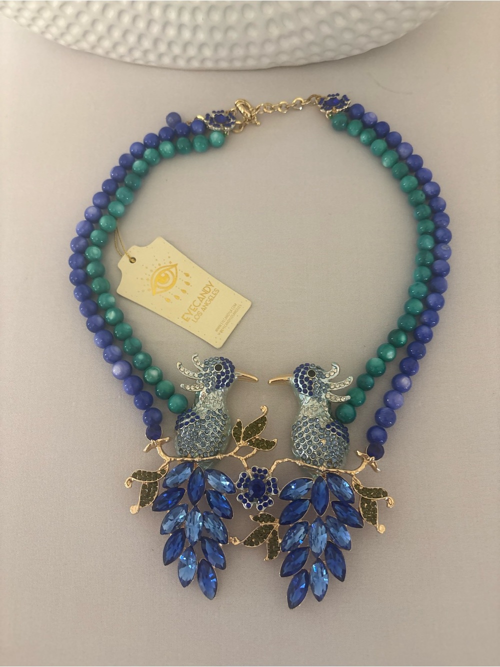 Eye Candy Los Angeles "Kissing Birds" Agate Statement Necklace - Blue & Green